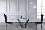 Glass Top Dining Table with V Stainless Steel Shape Base