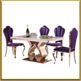 Rose Gold Modern Purple Velvet Chairs Demure Style and Marble Dining Table Stainless Steel Heart Shape Base