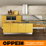 Oppein Modern Yellow Acrylic Wood Kitchen Cabinets with Island (OP15-A01)