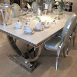 Modern Luxury Chrome Nature Marble Top Arianna Dining Table and Leather Chair