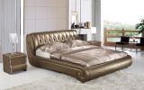 Wooden Waved Shape Leather Queen Size Bed for Bedroom