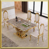 Wholesale Modern Gold Stainless Steel Dining Room Furniture / White Marble Top Dining Table with Royal Crown King Throne Chairs
