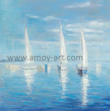 Handmade White Boat in Blue Sea Oil Paintings for Home Furniture Decoration