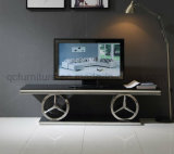 Mercedes Shape Stainless Steel Base Black Glass Top TV Stand