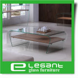 Clear Bent Glass Coffee Table with Ash Wood Veneer Shelf