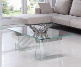 Rectangle Clear Glass Coffee Table with Chou-Heung Veneer Solid Wood