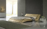 Luxury Waved Shape Leather Double Bed with Wooden Frame