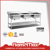 Stainless Steel Triple Sink Table with Perforated Shelf (HST-618S)