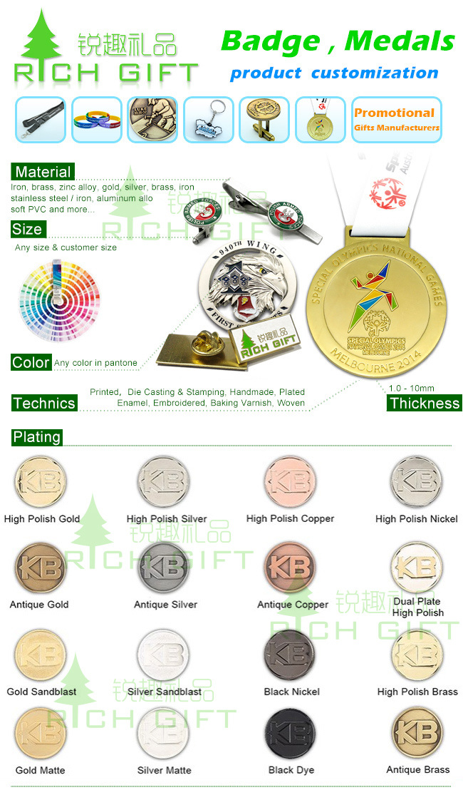 Custom Sport/Running/Coin/Pin/Medallion/Gold/Souvenir/Zinc Alloy/Silver/ Enamel/Badge Medal with Ribbon