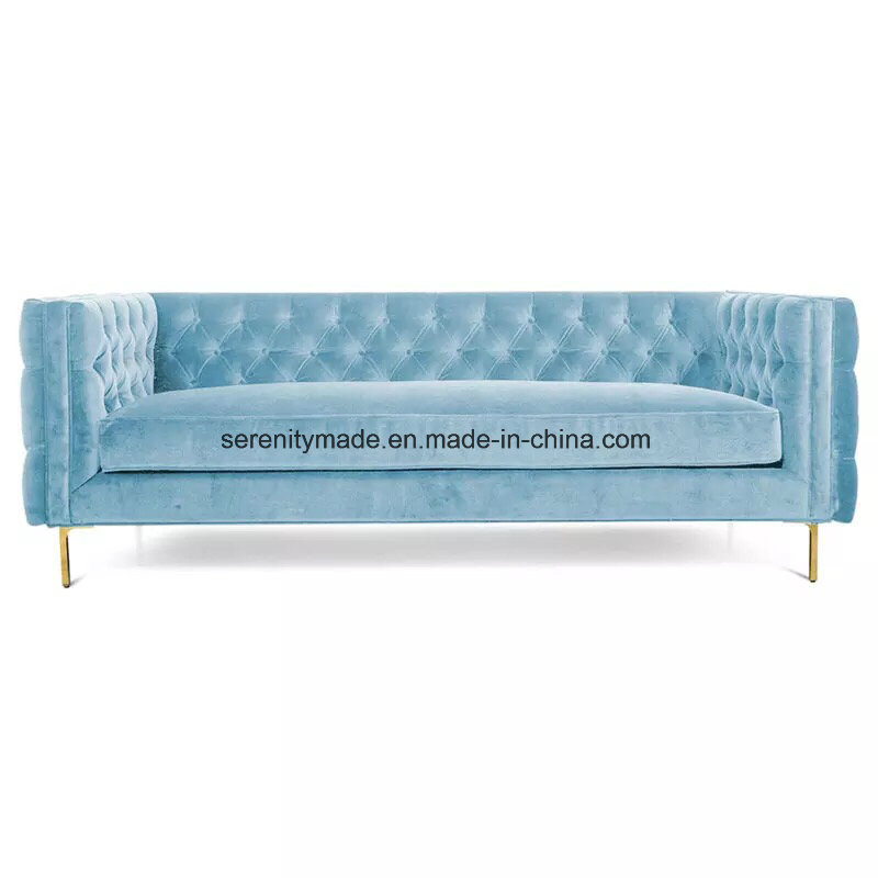 American Style Luxury Skyblue Colour Button Tufted Velvet Upholstery Sofa