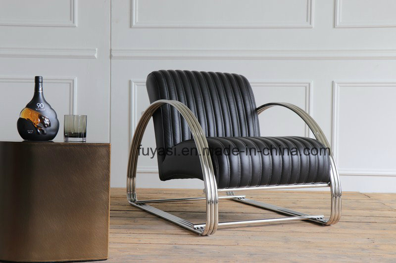 European Style Stainless Steel Armrest Real Leather Leisure Chair