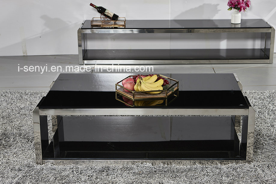 Living Room Furniture Black Tempered Glass Top Stainless Steel Coffee Table