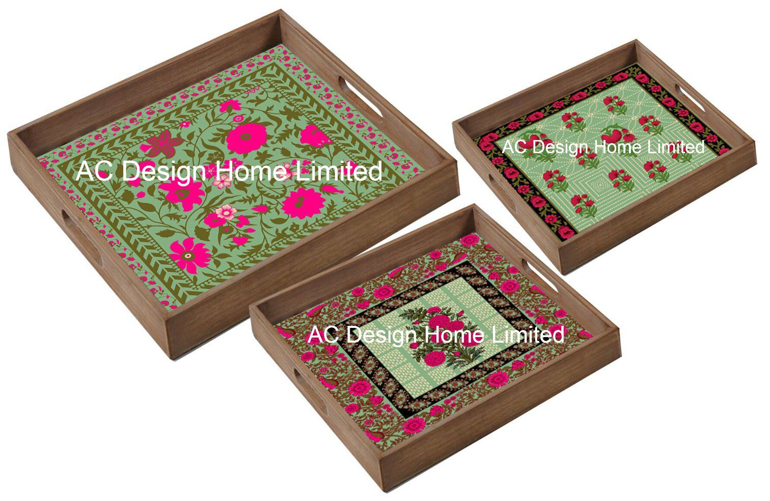 S/3 Square Custom Print Vintage Wooden Serving Tray W/Handle