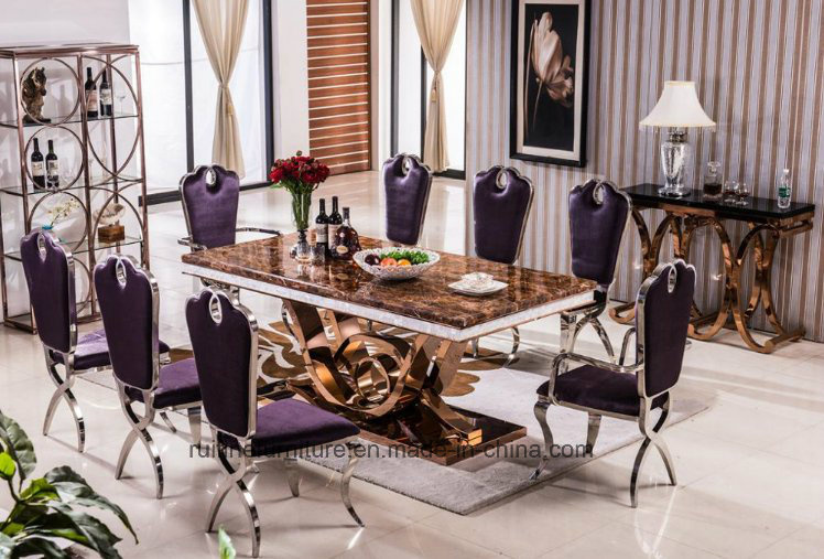 Luxury Modern Dining Room Rose Gold Brown Marble Dining Table Set