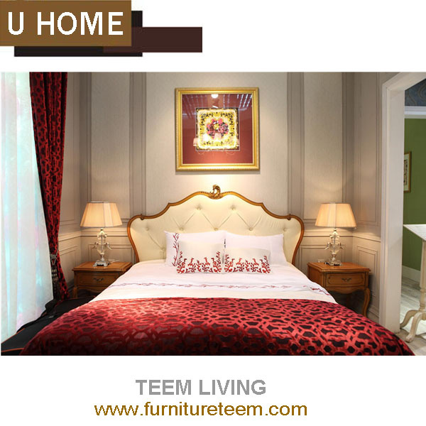 French Antique Wooden Double Bed Bedroom Furniture Set