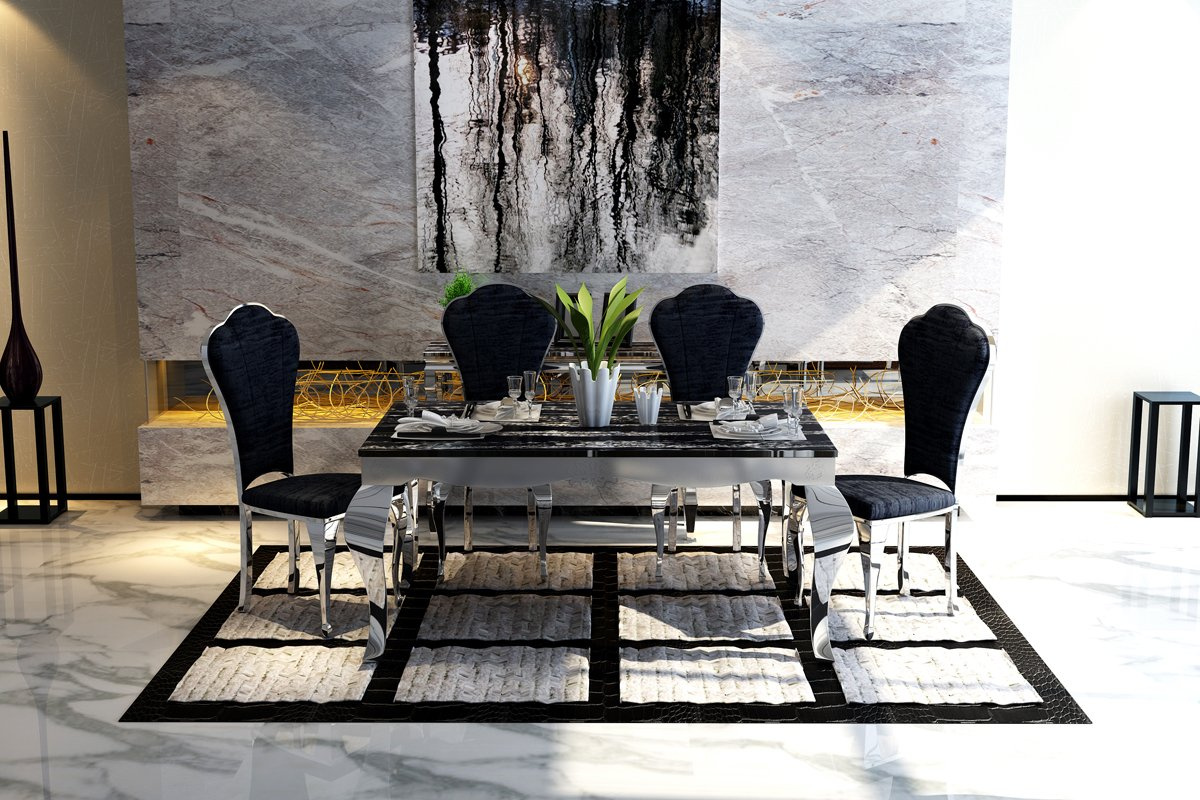 Durable Dining Table with Stainless Steel & Black Marble