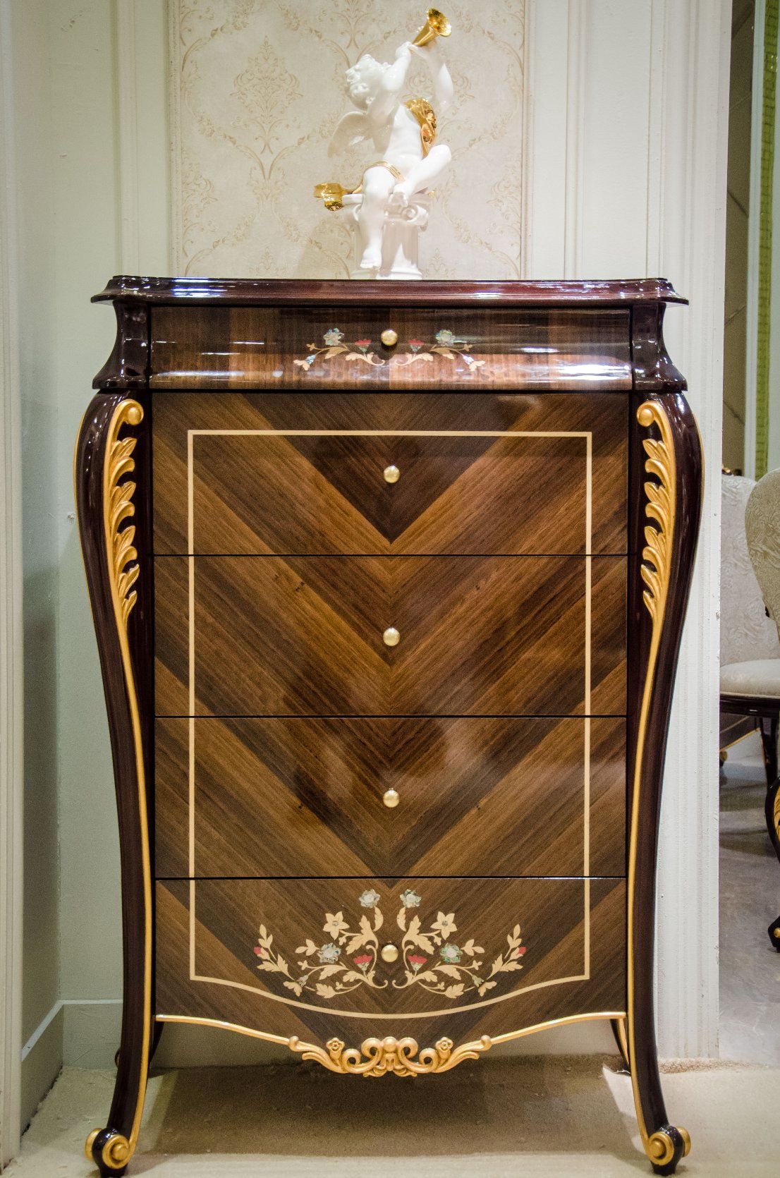 0070-1 Solid Wood Covered Luxury Veneer with High Gloss Painting Drawer Cabinet