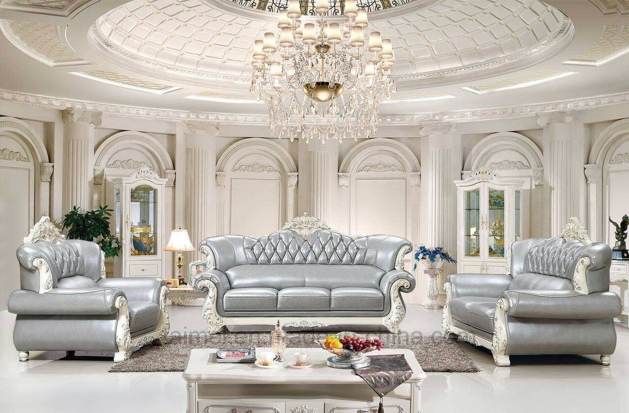 Luxury Antique Wooden Frame Genuine Leather Sofa Set