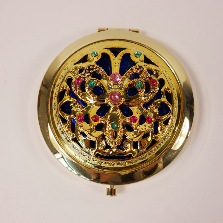 Cheap Customerized Rhinestone Mounted Antique Copper-Like Alloy Pocket Cosmetic Mirror