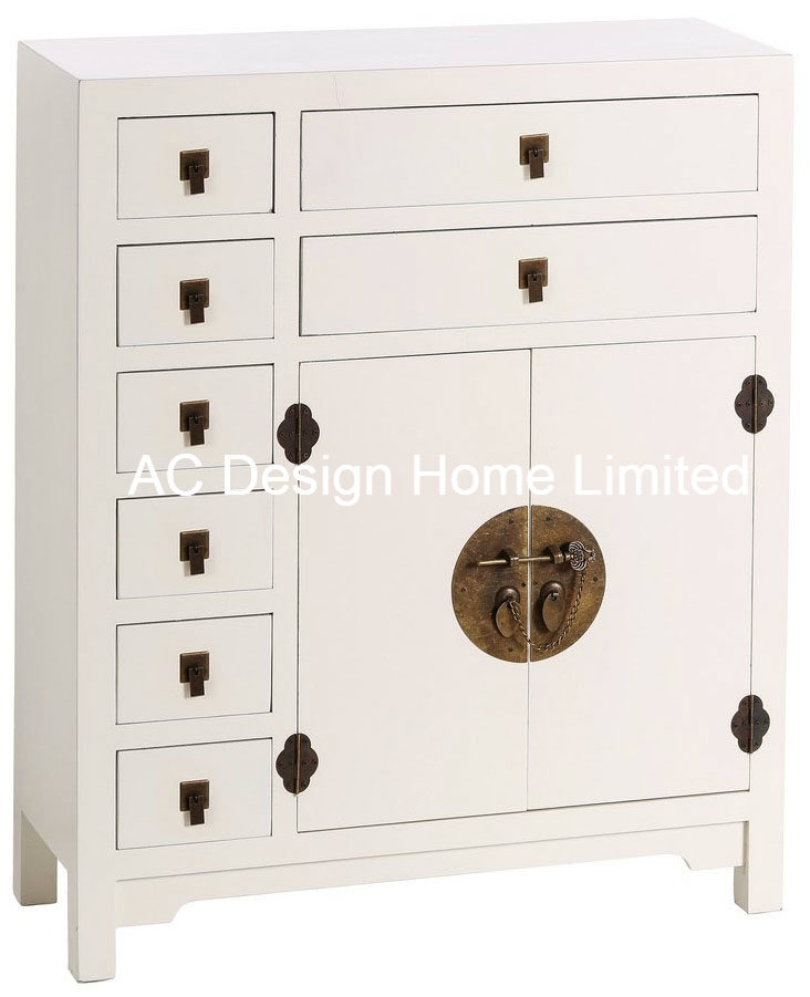 Antique Traditional Chinese Style Wooden Cabinet W/2 Doors & 8 Drawers