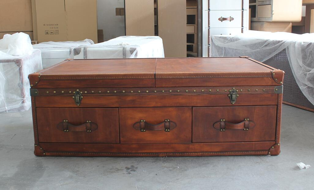 Antique Brown Leather Coffee Table, Retro Coffee Table