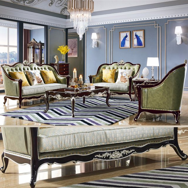 Classic Leather Sofa with Wood Sofa Frame and Side Table (101)