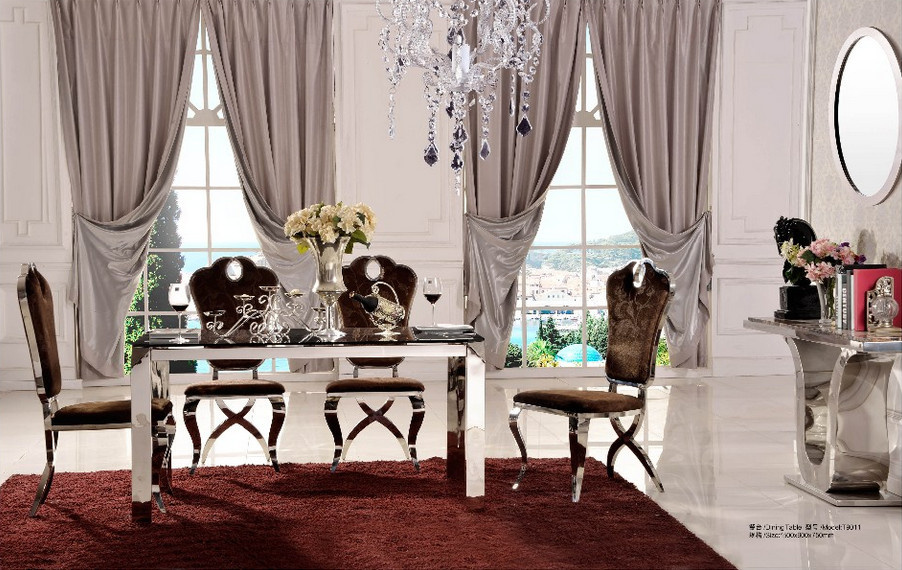 Luxury Modern Stainless Steel Big Straight Legs Dining Table with Brown Fabric Chairs
