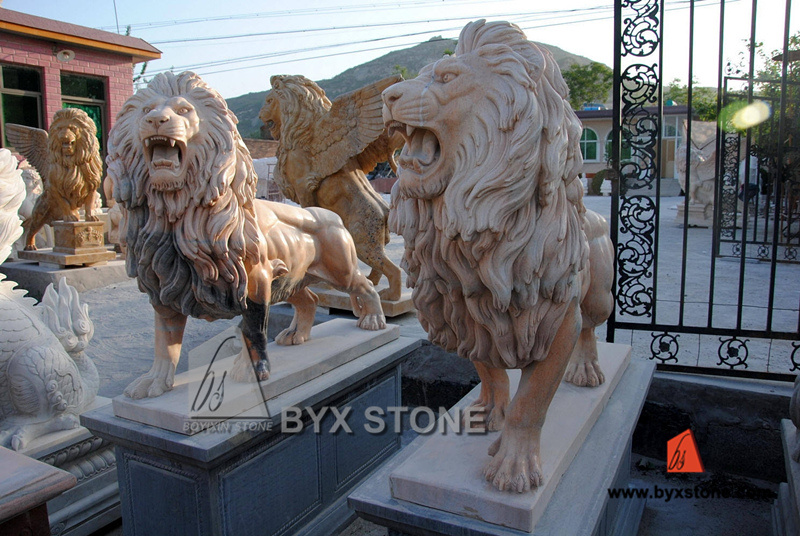 Sunset Red Marble Stone Lion Sculpture for Garden Decoration