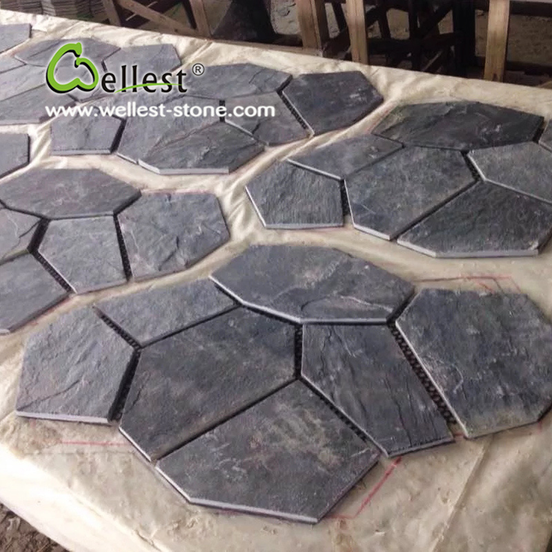 St-018 Black Slate Crazy Shape Meshed Paving Stone for Landscaping