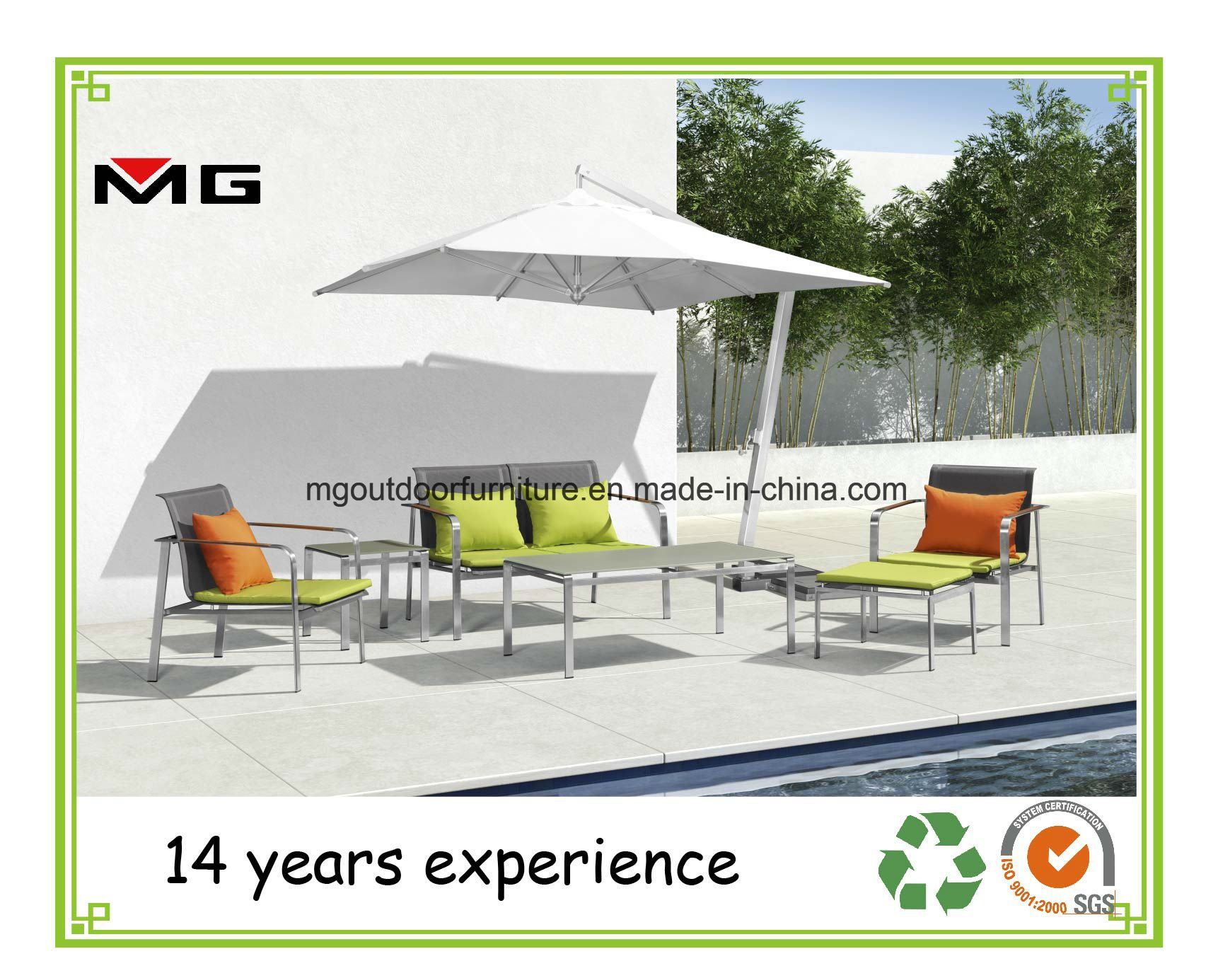 Hot Selling Sling Mesh Outdoor Sofa Sets with Teak Armrest