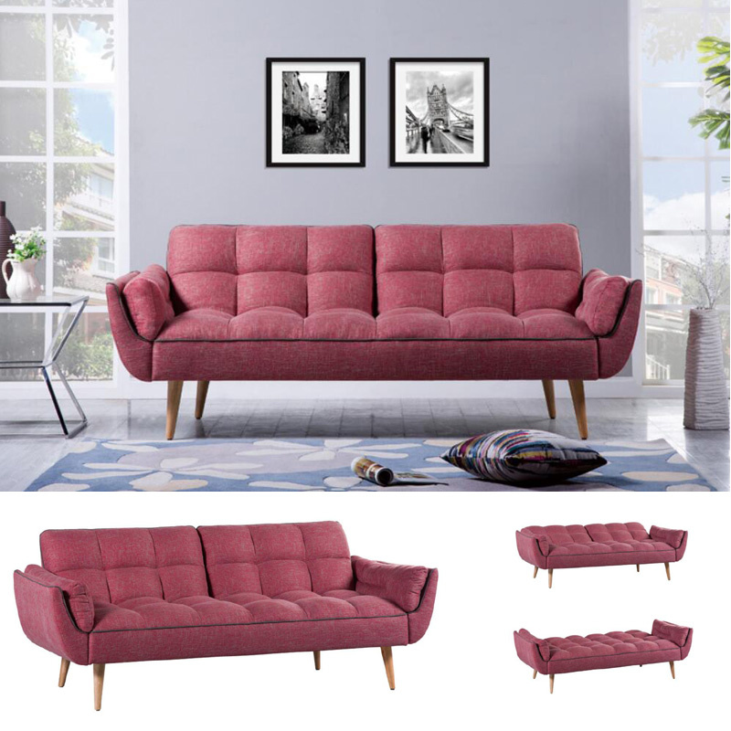 Home Furniture Pink Fabric Sofa Bed with Wooden Legs (HC113)