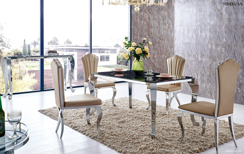 2016 Modern Italian Black Glass Gloss 6 People Stainless Steel Dining Table