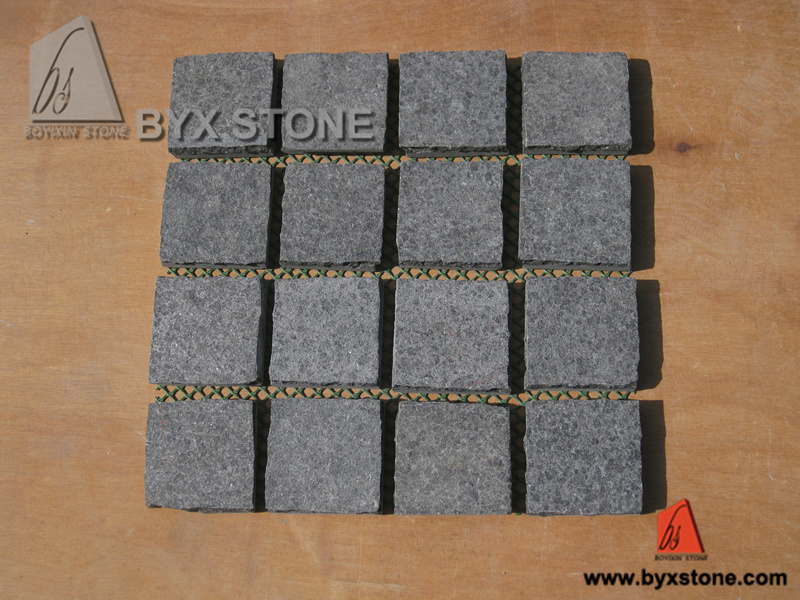 G684 Black Pearl Flamed Basalt Cobblestone on Mesh