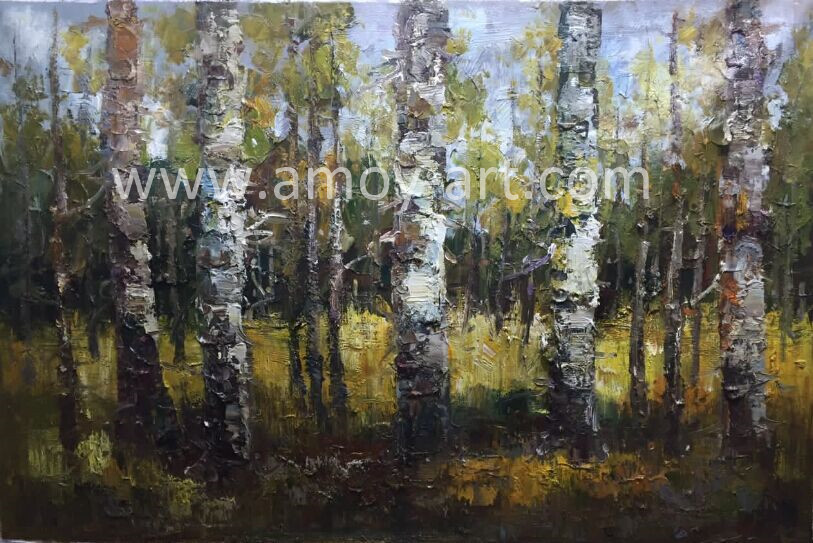 Palette Knife Birch Tree Oil Paintings on Canvas for Home Decoration