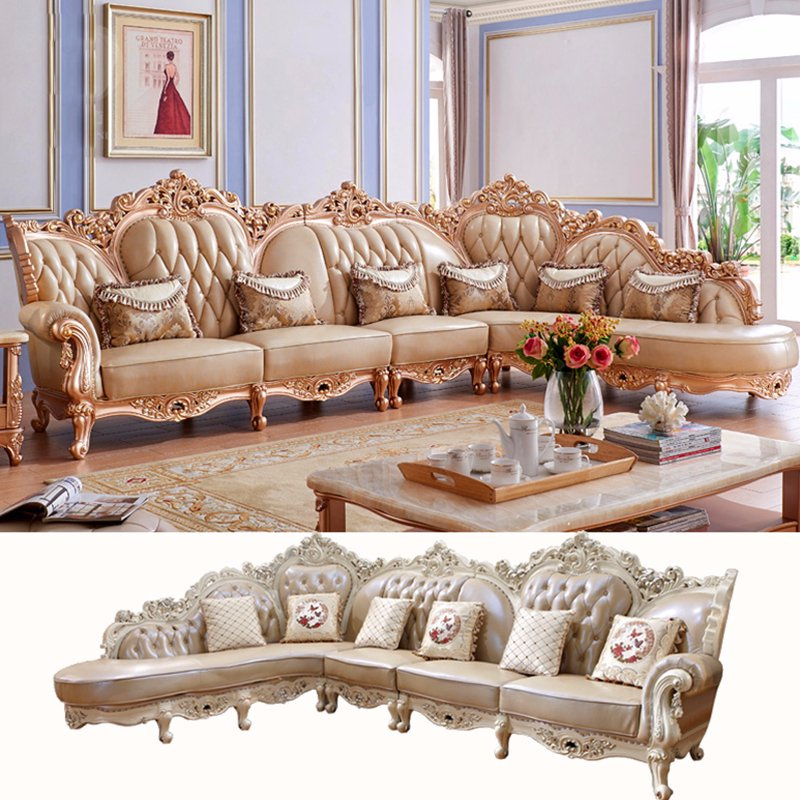 Leather Sofa with Wood Table for Living Room Furniture