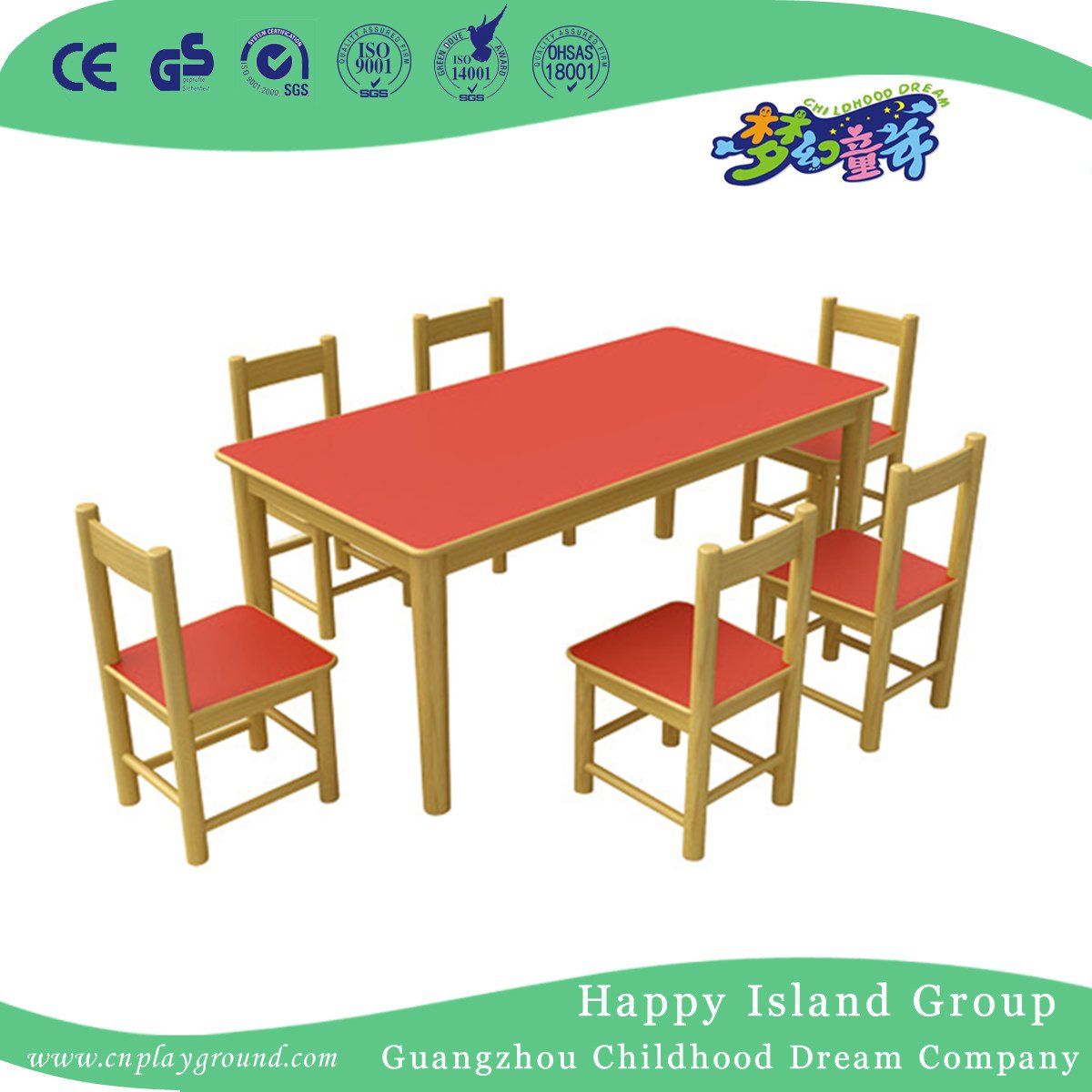 School Red Wooden Fireproof Rectangle Children Table for Six (HG-4005)