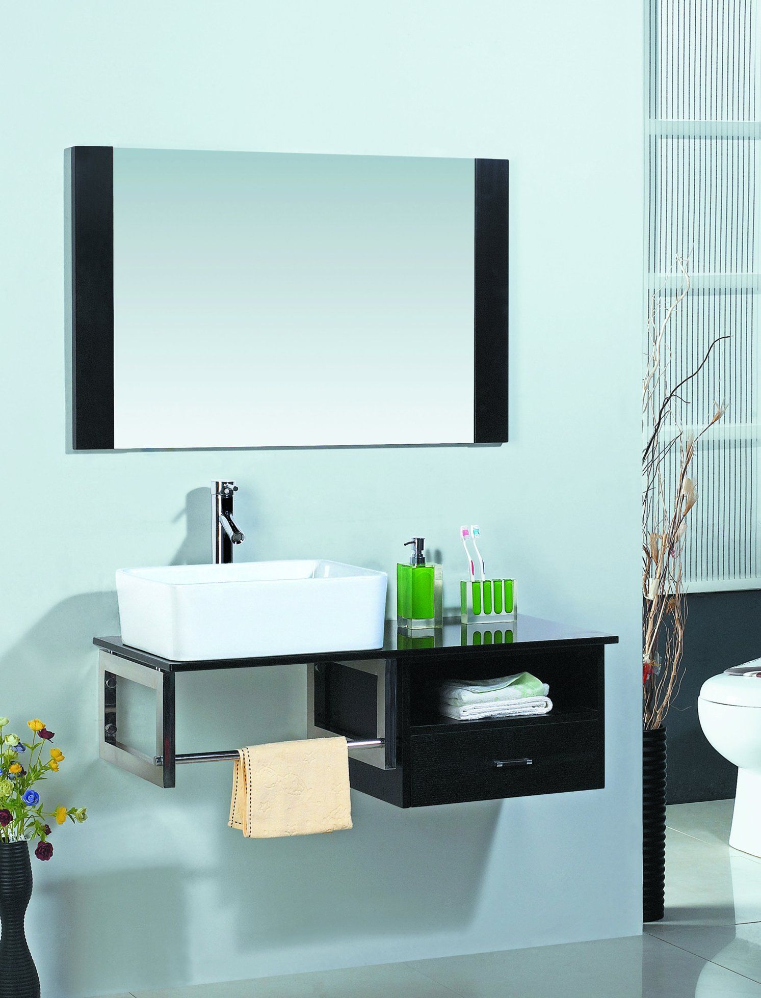 Tempered Glass Basin with Wooden Drawers