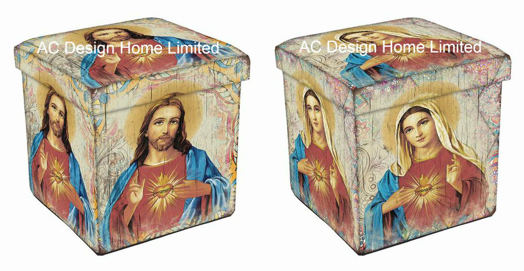 Antique Vintage Religion Design Square Cube PU Leather and Wooden Folding Storage Seat Ottoman Stool