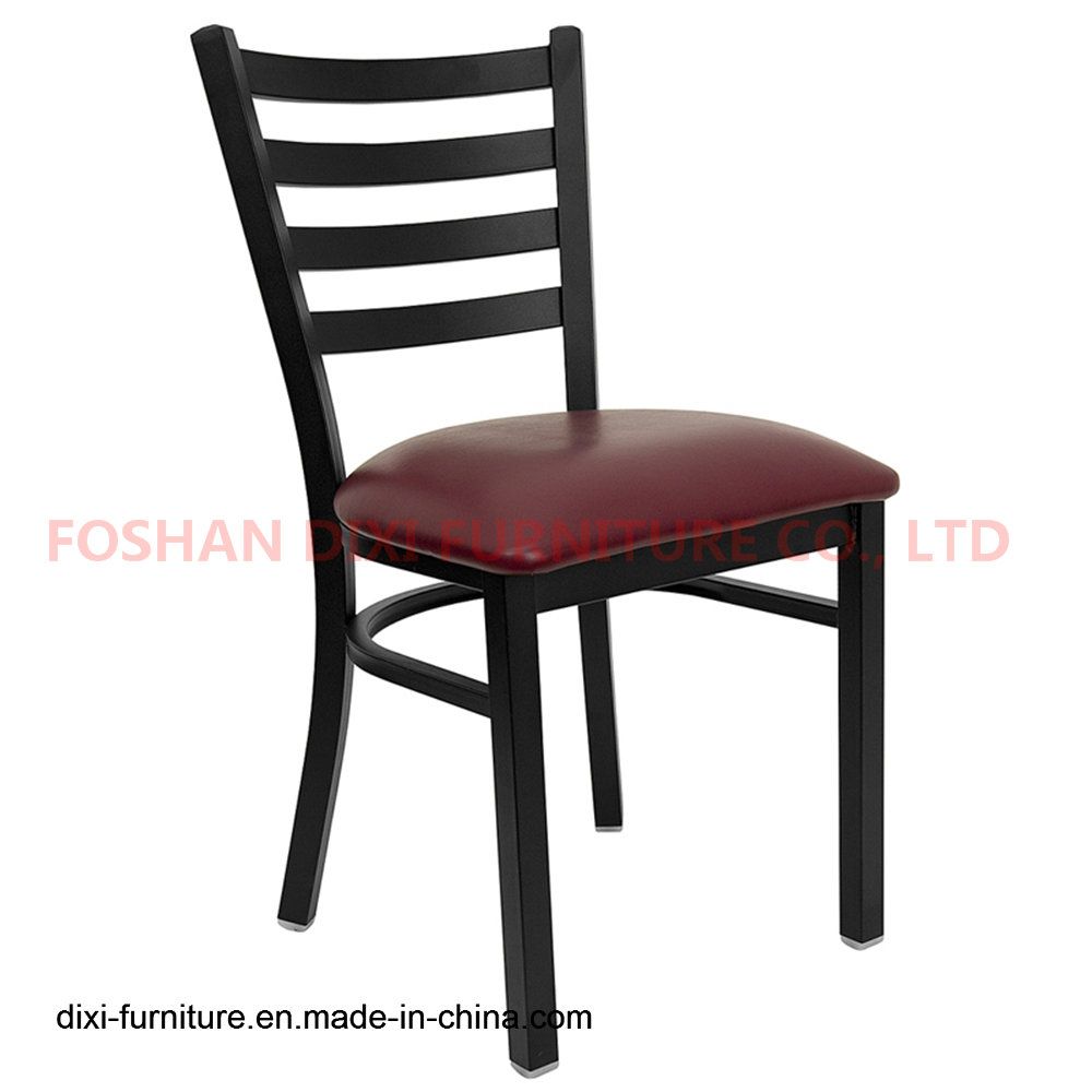 Restaurant Furniture Black Ladder Back Metal Restaurant Chair with Burgundy Vinyl Seat