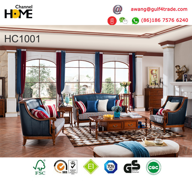 Antique Design Amercian Style Living Room Leather Sofa Set for Home Furniture (AD1001)