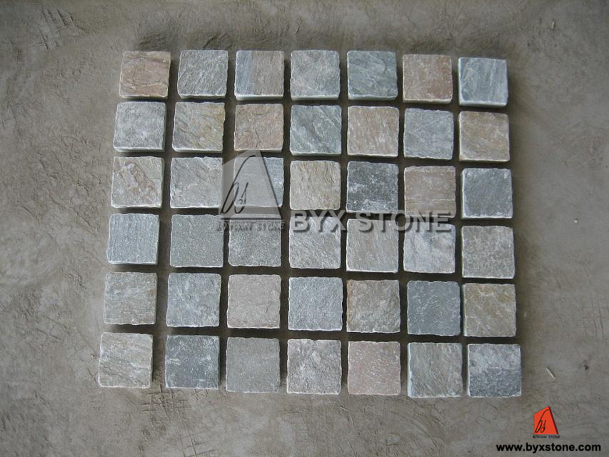 Yellow Vein Grey Slate Cobblestone for Flooring