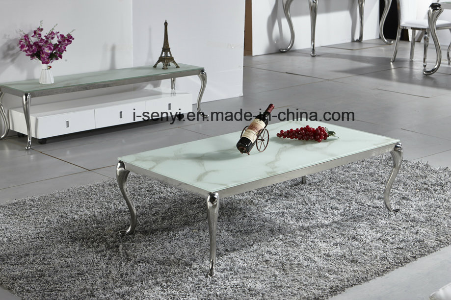 Living Room Furniture Alternative White Marble & Black Tempered Glass Top Stainless Steel Coffee Table