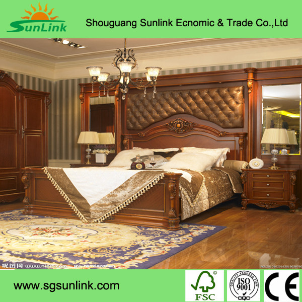 Queen Patra Walnut Acacia Parquet Design Panel Bed Bedroom Furniture