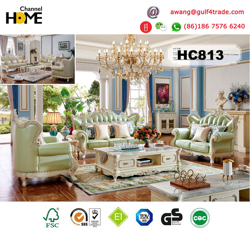 Classical Antique Furniture Genuine Leather Wood Sofa Set (HC813)