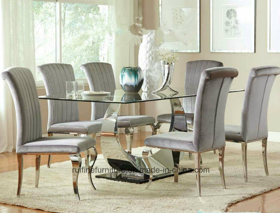 Modern Dining Table and Chairs / Stainless Steel Tempered Clear Glass Dining Room Table