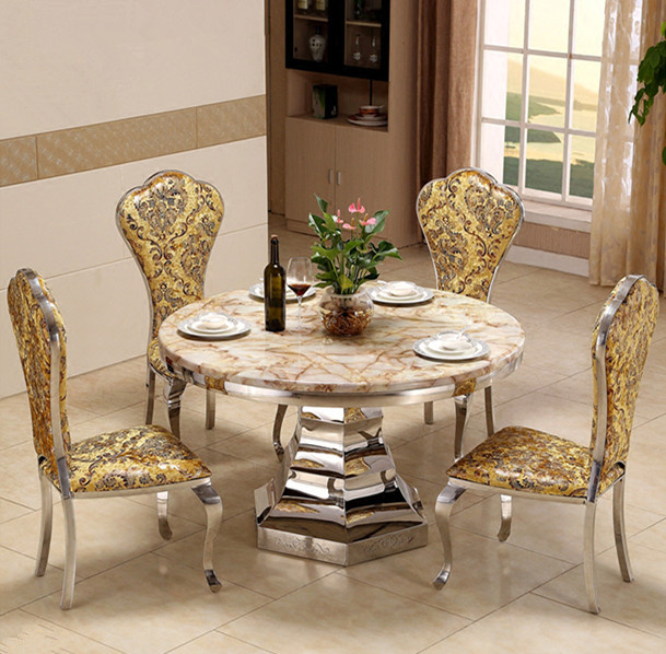 Modern Furniture Stainless Steel Function Round Brown Marble Dining Table