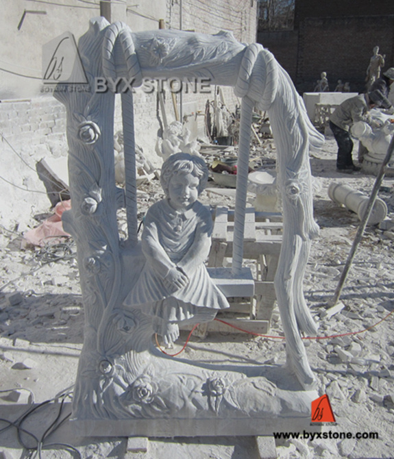 White Marble Stone Kid Carving Swing Garden Sculptures