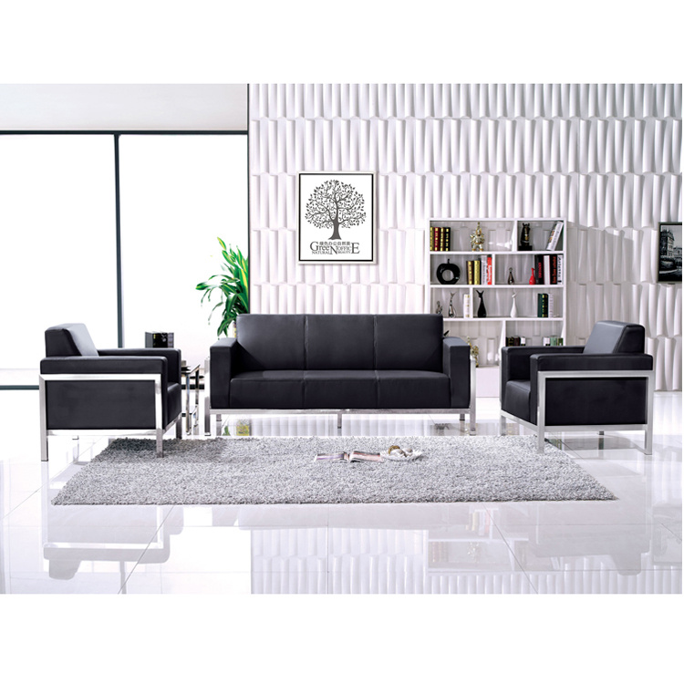 Stainless Steel Frame Black Leather Office Sofa