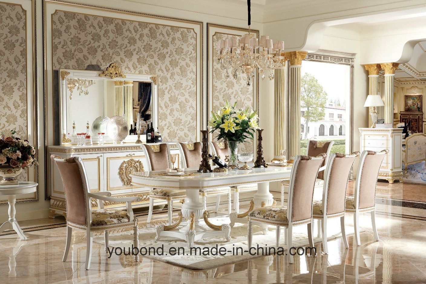 0062-1 Italian Solid Wood Luxury Antique Long Dining Table White Color Set Furniture