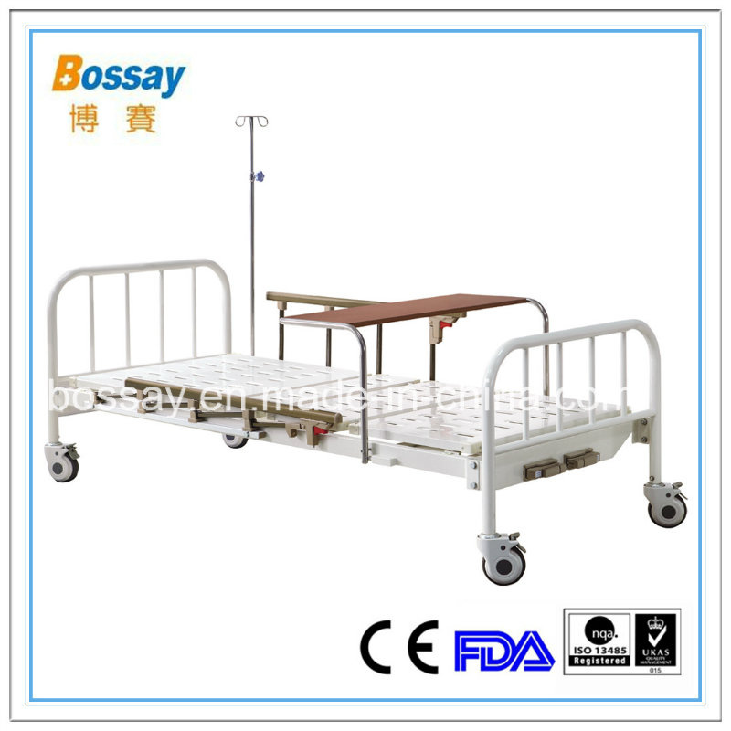 Hospital Manual Bed with Over Bed Table Medical Bed